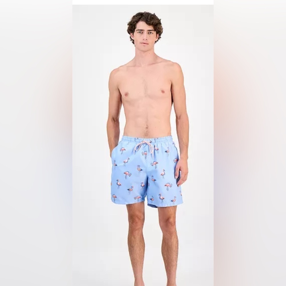 Club Room Men's Quick-Dry Performance Flamingo-Print 7" Swim Trunks L